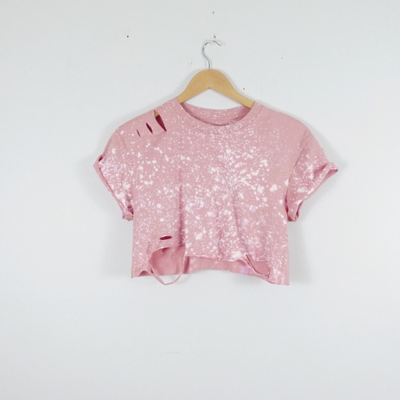 Pink Bleached Distressed Crop Top Tee S-3X - Picture 2 of 3